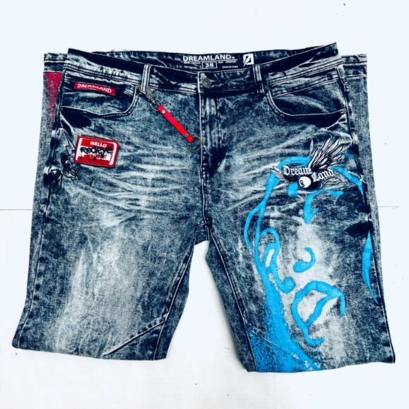 A Set Y2K STREETWEAR EMBROIDED Dreamland Denim Jeans Mens 3XL TOP,  Bot  JEAN 38 - Picture 11 of 16